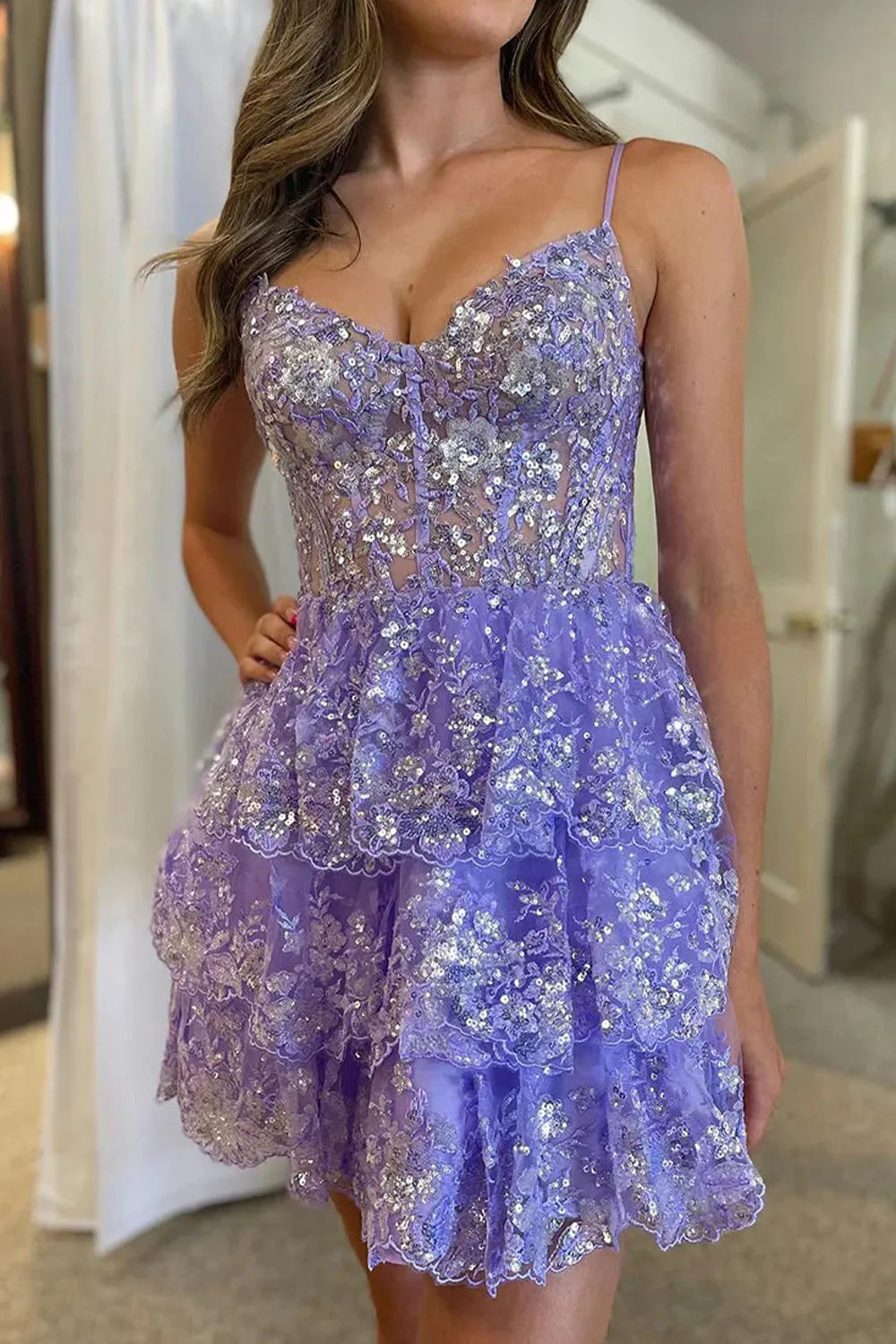 Three Layer Short Homecoming Dress With Spaghetti Straps And Sparkling Appliques AS476