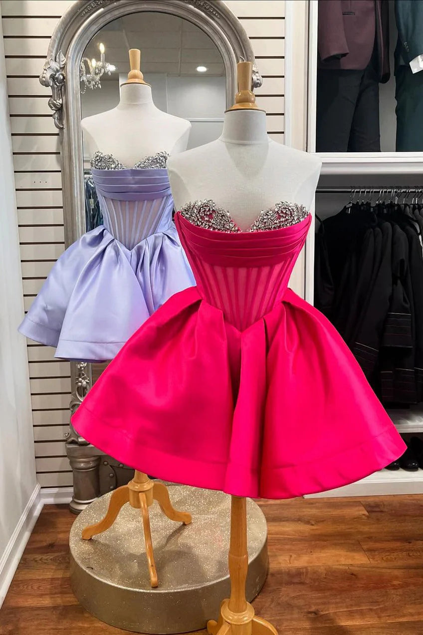 Beaded Red A Line Homecoming Dress With Sweetheart Neckline And Short Satin Skirt AS478