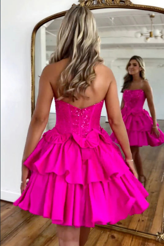 Hot Pink Short Satin Homecoming Dress With A Line Silhouette Strapless Neckline And Beads AS479