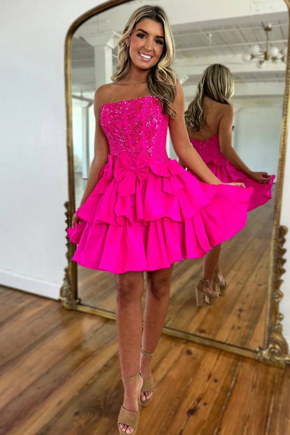 Hot Pink Short Satin Homecoming Dress With A Line Silhouette Strapless Neckline And Beads AS479