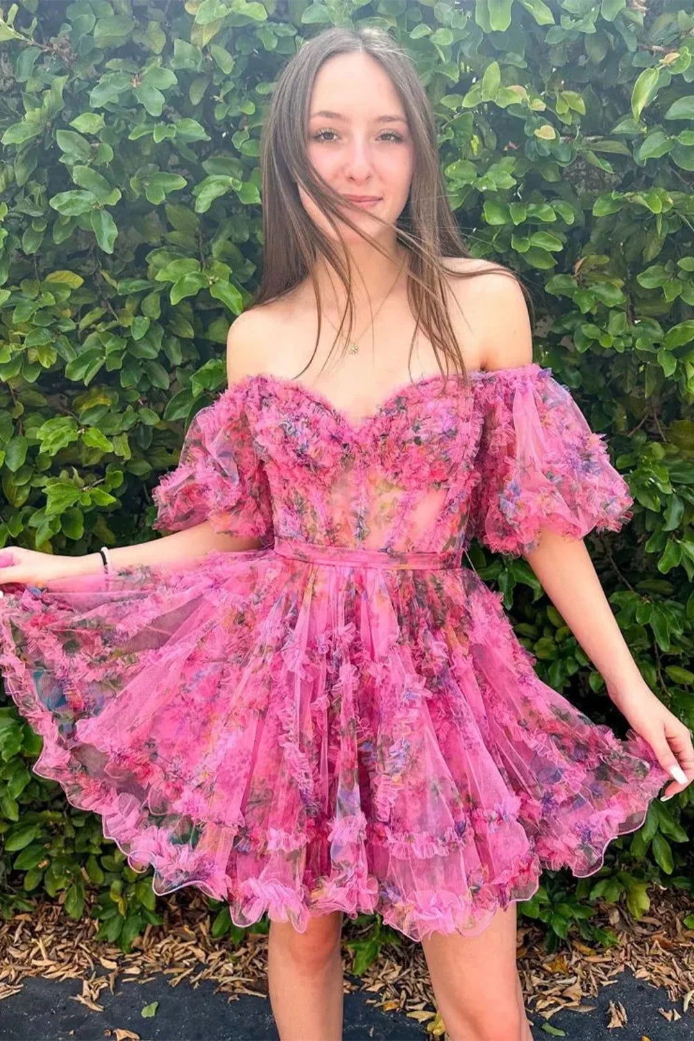 Cute Floral Print A Line Homecoming Dress With Off The Shoulder Neckline And Short Length AS482