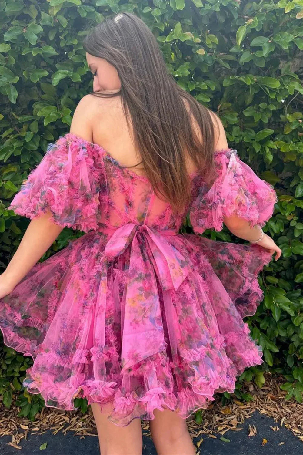 Cute Floral Print A Line Homecoming Dress With Off The Shoulder Neckline And Short Length AS482