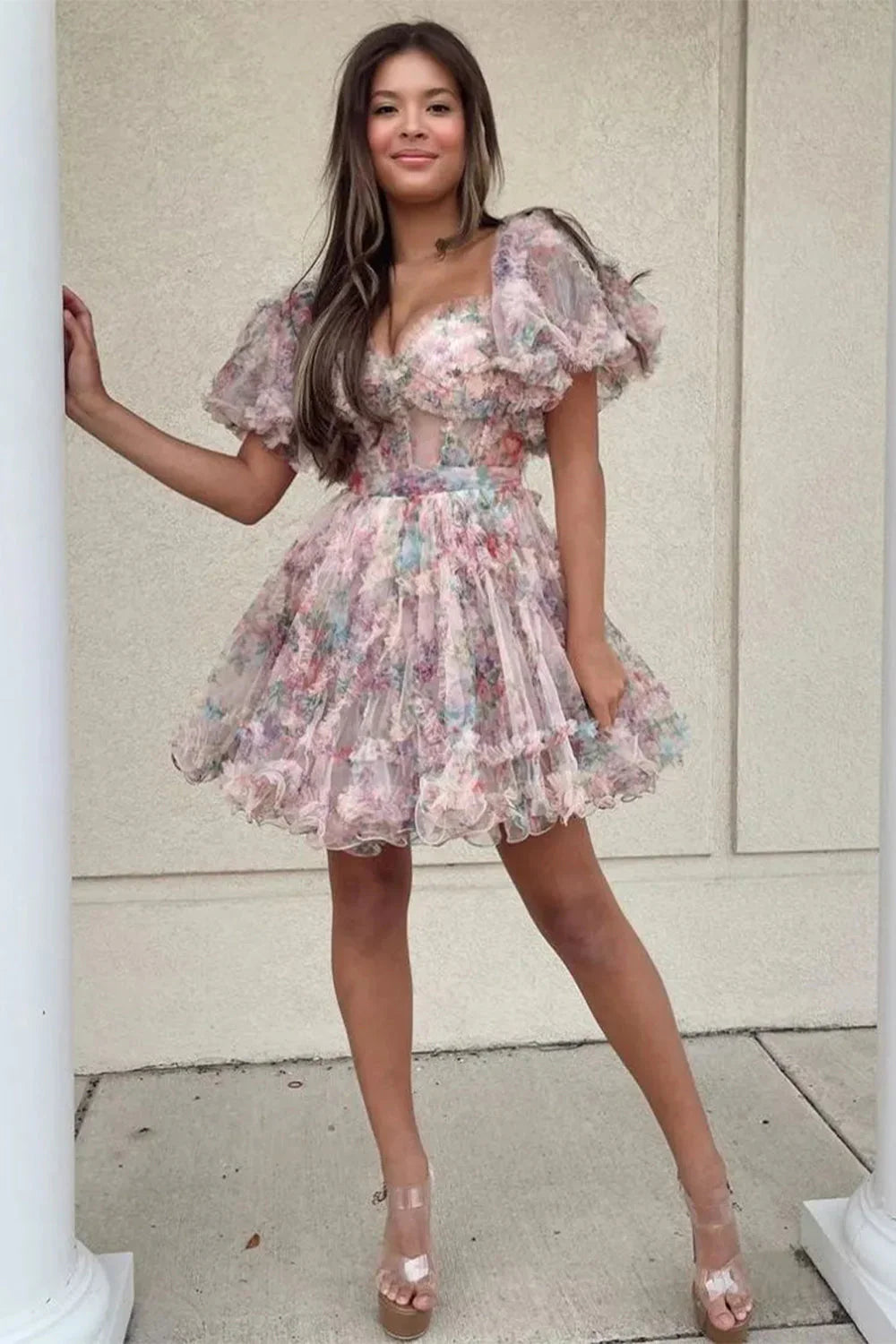 Cute Floral Print A Line Homecoming Dress With Off The Shoulder Neckline And Short Length AS482