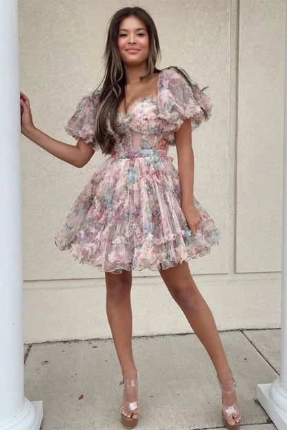 Cute Floral Print A Line Homecoming Dress With Off The Shoulder Neckline And Short Length AS482