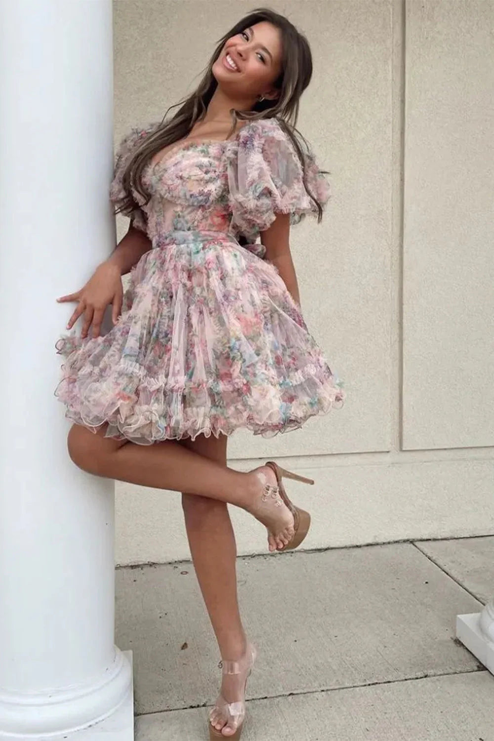 Cute Floral Print A Line Homecoming Dress With Off The Shoulder Neckline And Short Length AS482