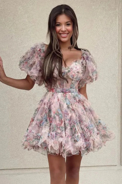 Cute Floral Print A Line Homecoming Dress With Off The Shoulder Neckline And Short Length AS482