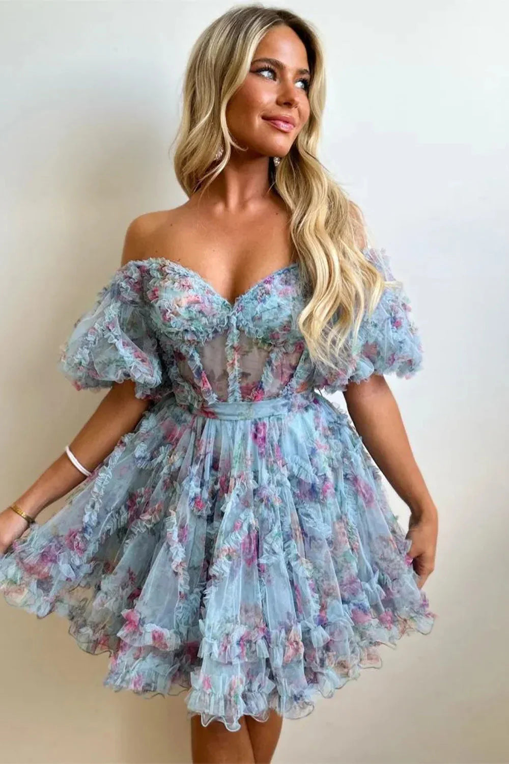 Cute Floral Print A Line Homecoming Dress With Off The Shoulder Neckline And Short Length AS482