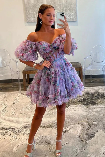 Cute Floral Print A Line Homecoming Dress With Off The Shoulder Neckline And Short Length AS482
