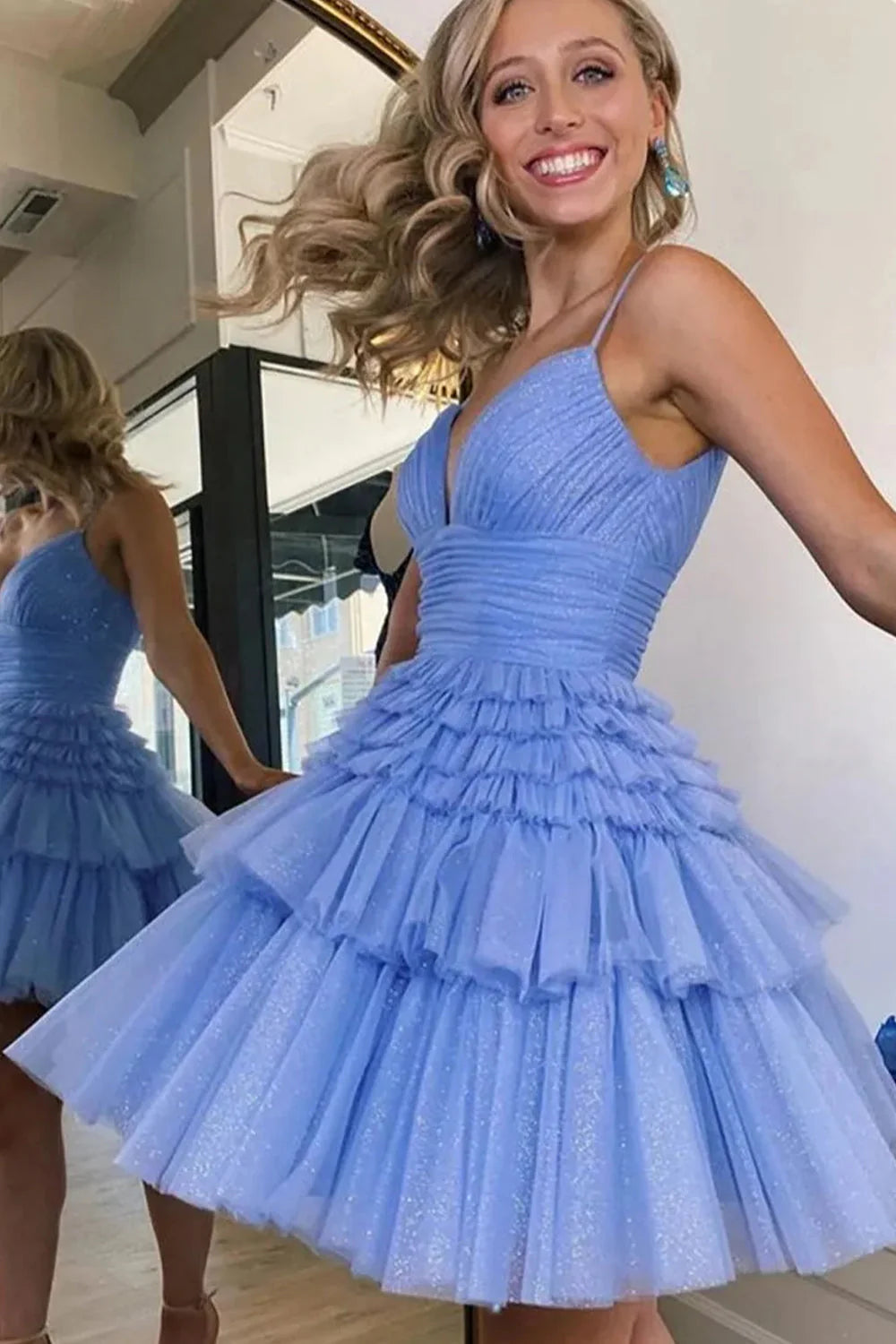 Cute Layered Tulle Homecoming Dress With A Line Silhouette And Spaghetti Strap Bodice AS483