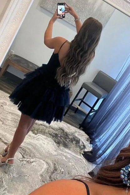 Cute Layered Tulle Homecoming Dress With A Line Silhouette And Spaghetti Strap Bodice AS483