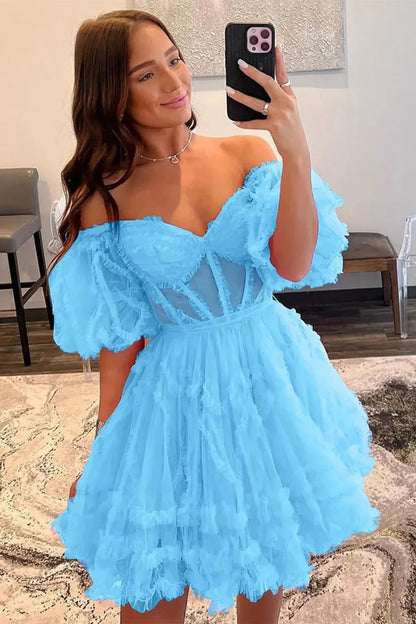 Elegant Short Tulle Homecoming Dress with Off The Shoulder Neckline And A Line Silhouette AS488