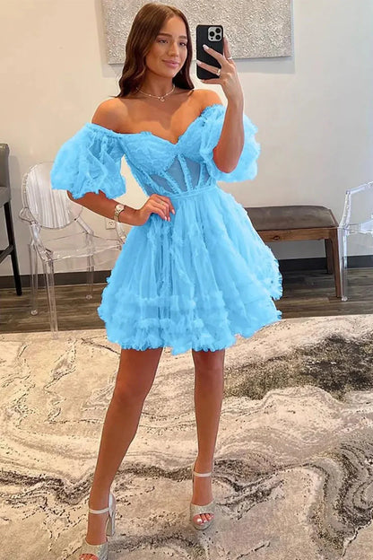 Elegant Short Tulle Homecoming Dress with Off The Shoulder Neckline And A Line Silhouette AS488