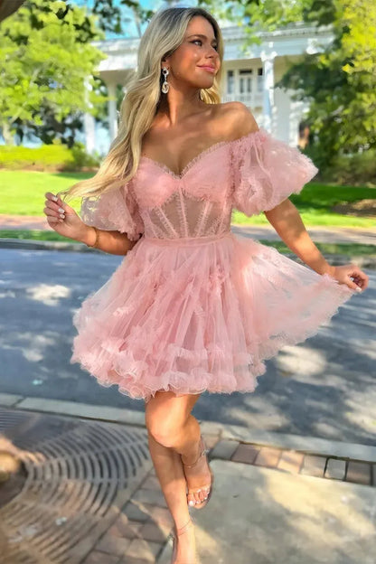 Elegant Short Tulle Homecoming Dress with Off The Shoulder Neckline And A Line Silhouette AS488