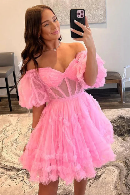 Elegant Short Tulle Homecoming Dress with Off The Shoulder Neckline And A Line Silhouette AS488