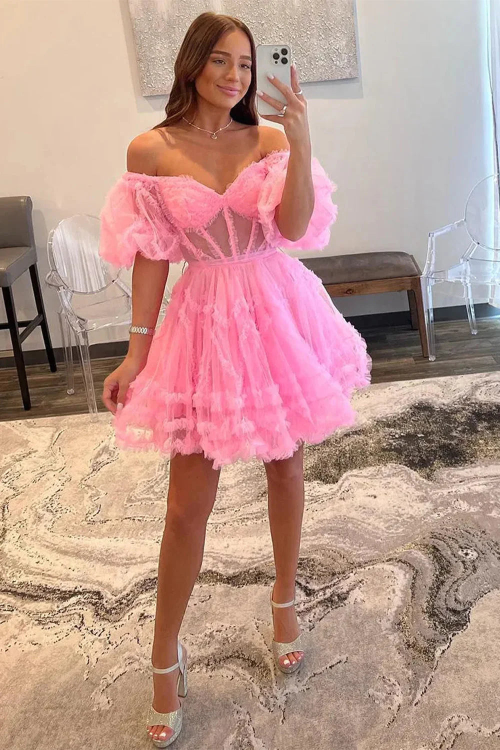 Elegant Short Tulle Homecoming Dress with Off The Shoulder Neckline And A Line Silhouette AS488