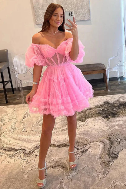 Elegant Short Tulle Homecoming Dress with Off The Shoulder Neckline And A Line Silhouette AS488