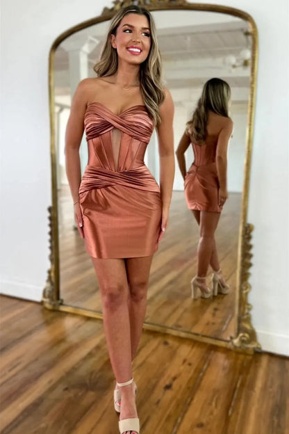 Short Bodycon Homecoming Party Dress With Satin Shine And Sweetheart Cut AS490