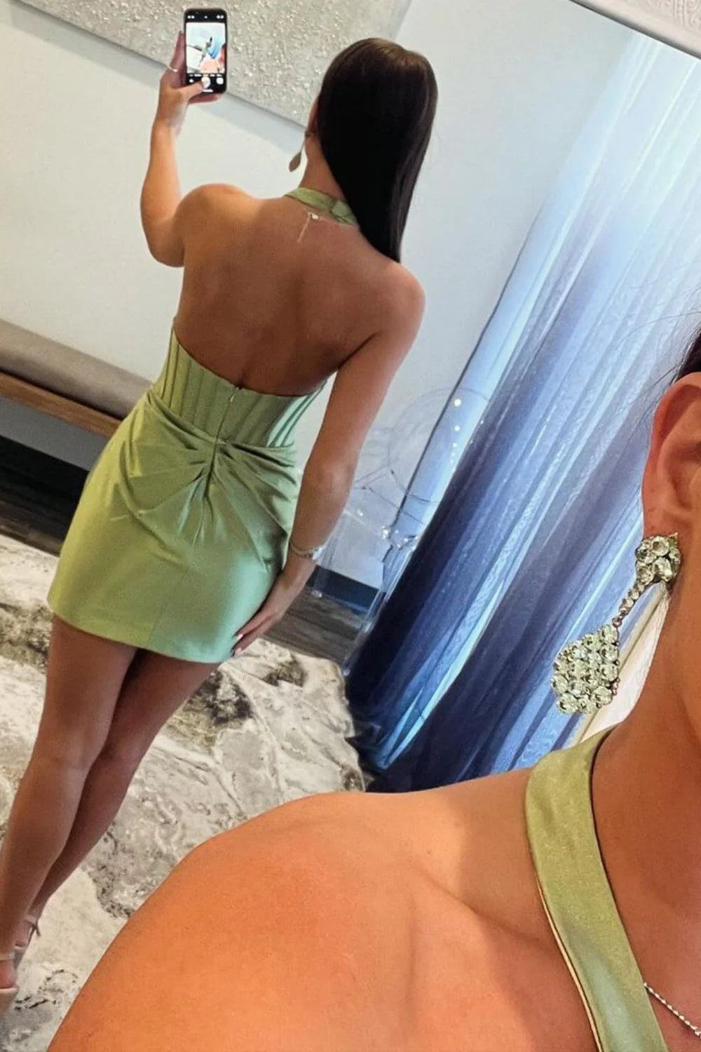 Short Sage Green Homecoming Dress In Mermaid Silhouette With Halter Neckline AS491