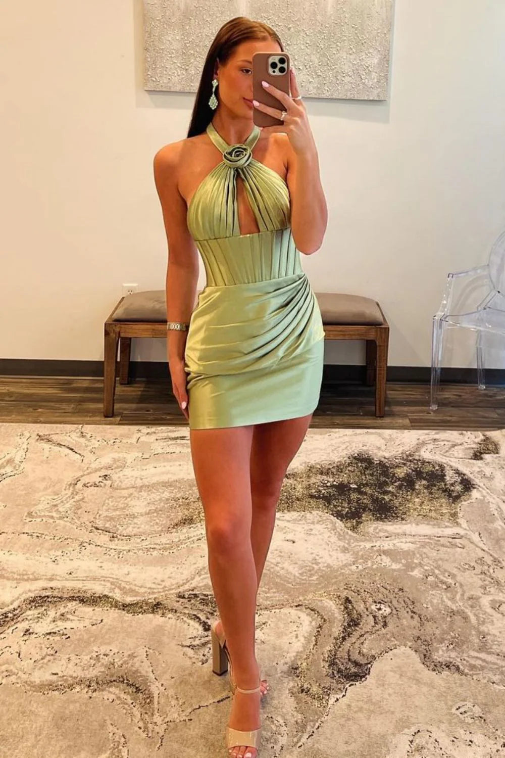 Short Sage Green Homecoming Dress In Mermaid Silhouette With Halter Neckline AS491