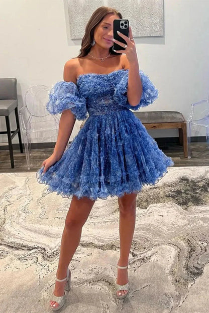 Stunning Floral Print A Line Homecoming Dress With Tulle Fabric And Removable Sleeves AS492