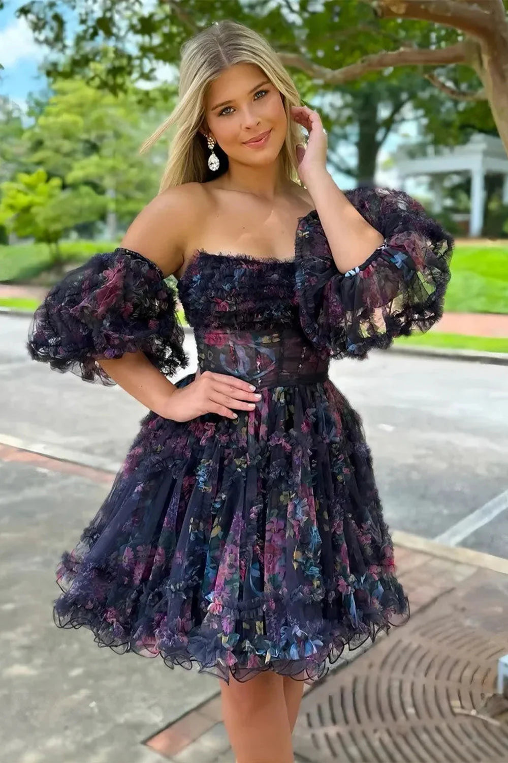 Stunning Floral Print A Line Homecoming Dress With Tulle Fabric And Removable Sleeves AS492