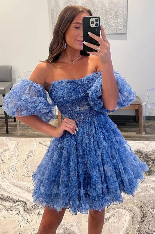Stunning Floral Print A Line Homecoming Dress With Tulle Fabric And Removable Sleeves AS492