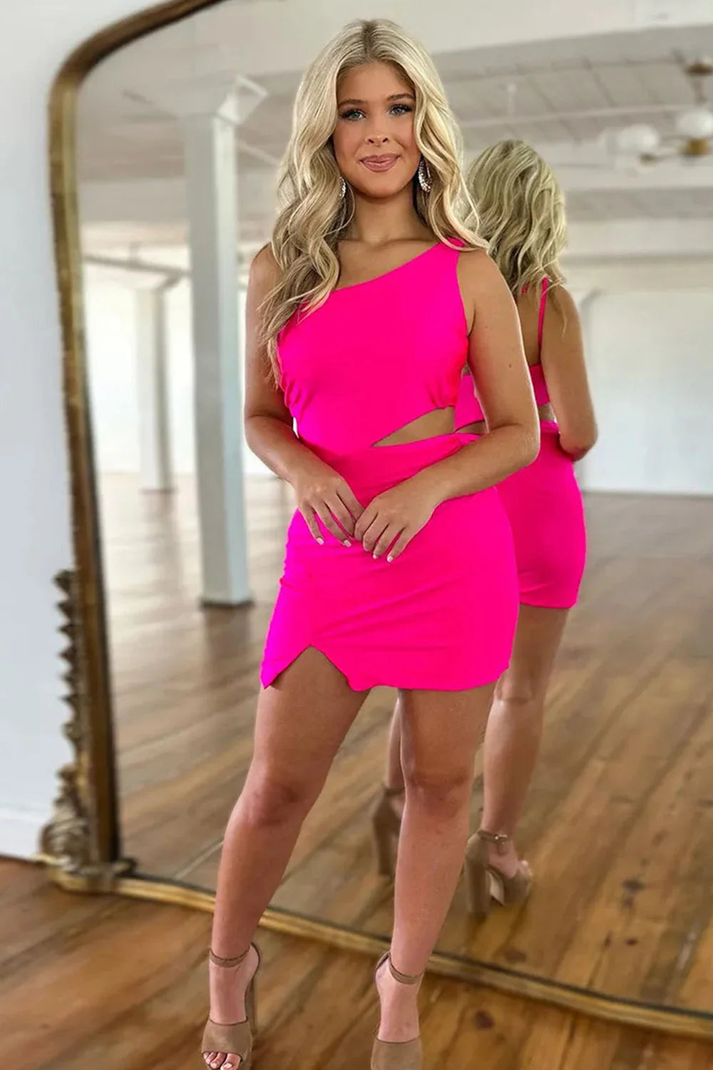 Hot Pink One-Shoulder Bodycon Homecoming Dress With Cut-Out Detail AS493