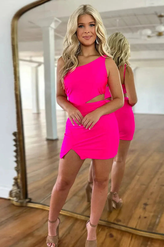 Hot Pink One-Shoulder Bodycon Homecoming Dress With Cut-Out Detail AS493