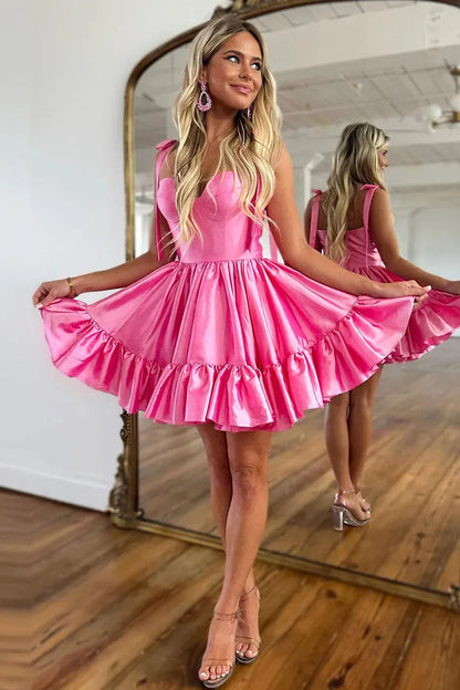 Sweet Satin Homecoming Dress With A-Line Silhouette And Ruffle Details AS494
