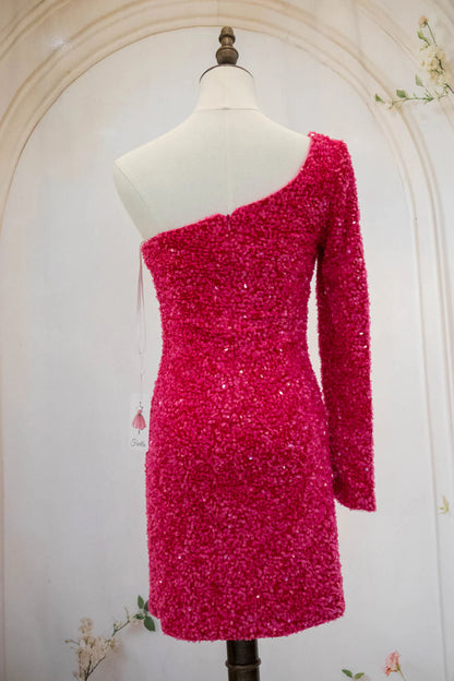 Hot Pink One Shoulder Short Tight Sequin Homecoming Dress AS497