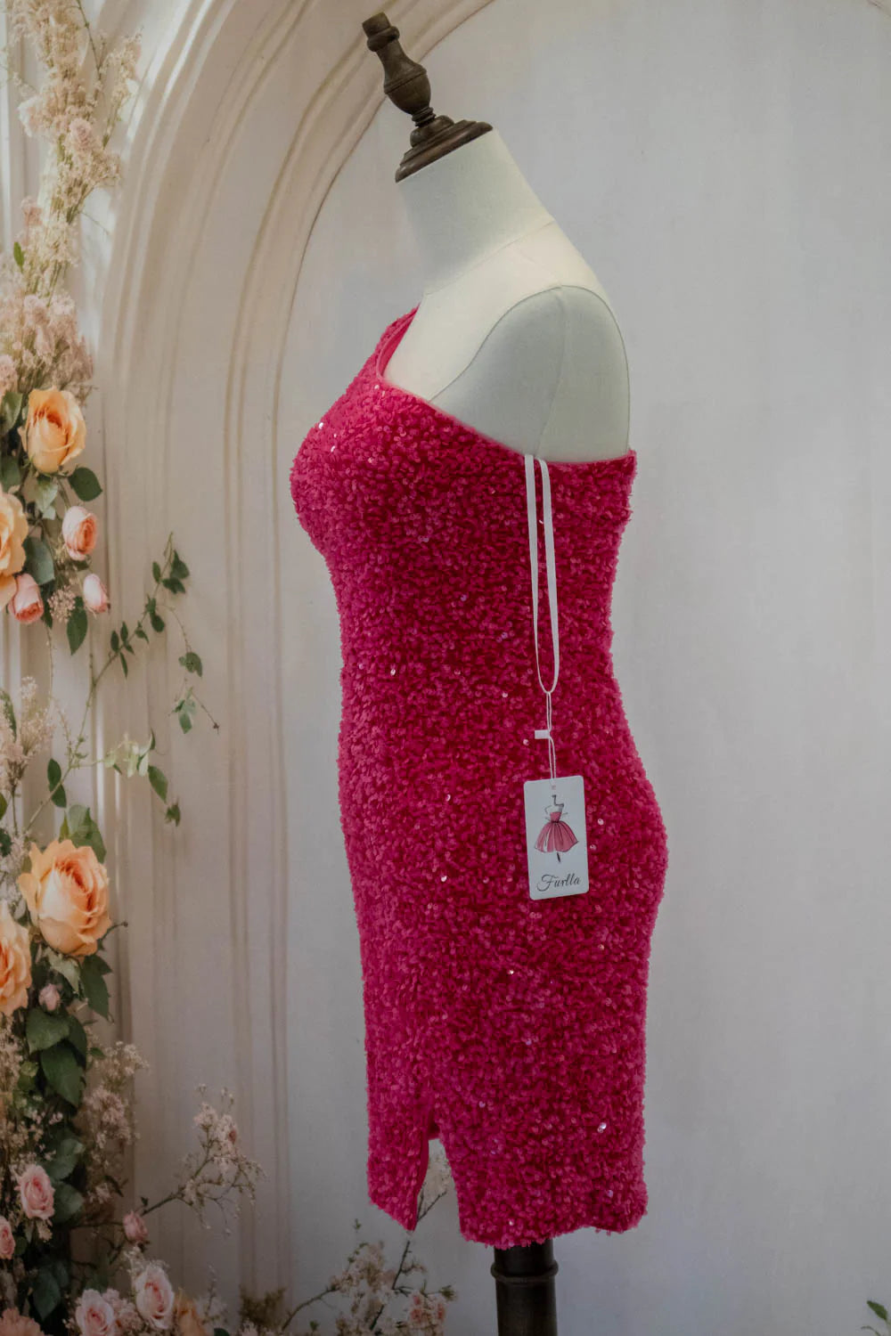 Hot Pink One Shoulder Short Tight Sequin Homecoming Dress AS497