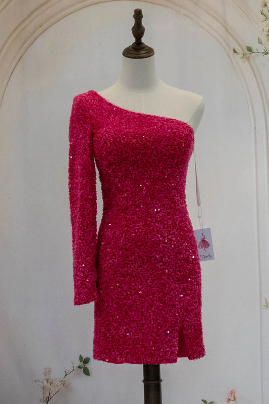 Hot Pink One Shoulder Short Tight Sequin Homecoming Dress AS497