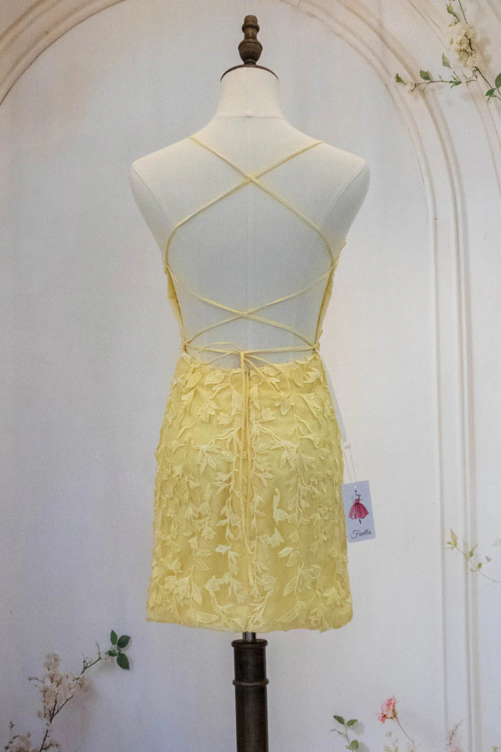 Cute Yellow Spaghetti Straps Short Tight Lace Homecoming Dress AS498