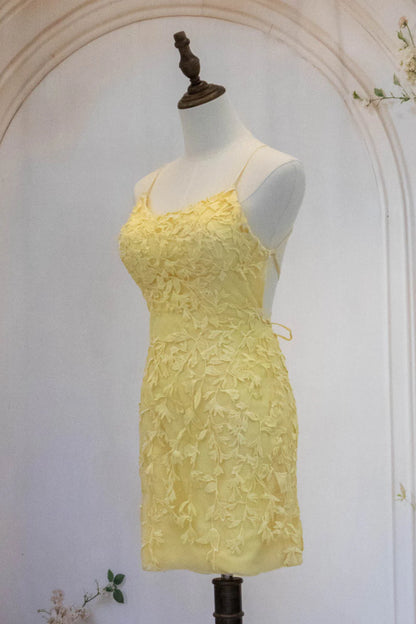 Cute Yellow Spaghetti Straps Short Tight Lace Homecoming Dress AS498