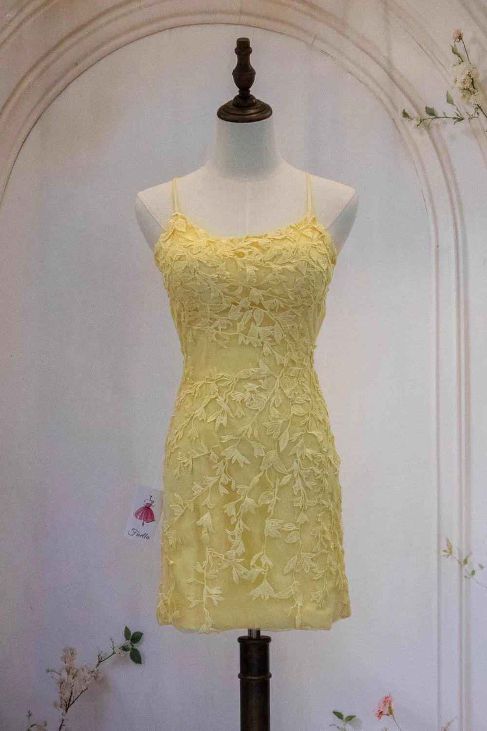 Cute Yellow Spaghetti Straps Short Tight Lace Homecoming Dress AS498
