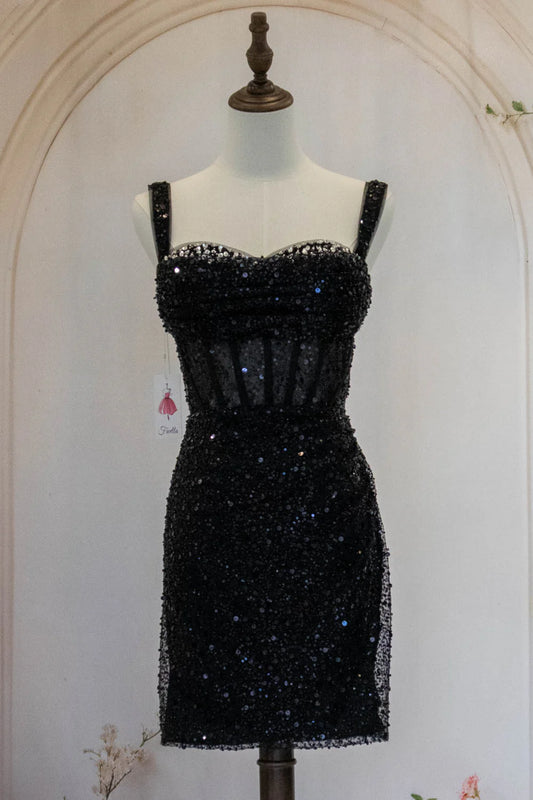 Sparkly Black Straps Short Tight Homecoming Dress With Sequin AS499