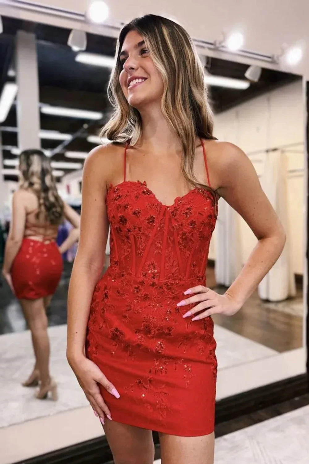 Pretty Spaghetti Strap Bodycon Homecoming Dress With Lace Detail AS500
