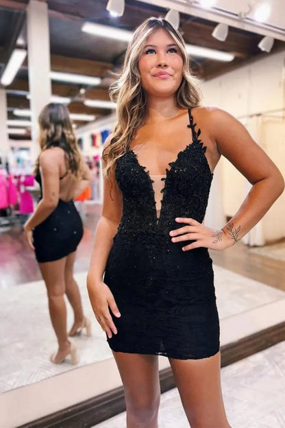 Chic Black Tight Homecoming Dress With Appliques And Criss-Cross Back AS501