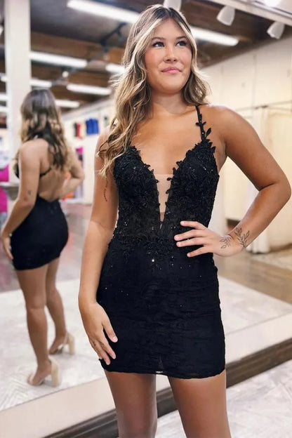 Chic Black Tight Homecoming Dress With Appliques And Criss-Cross Back AS501