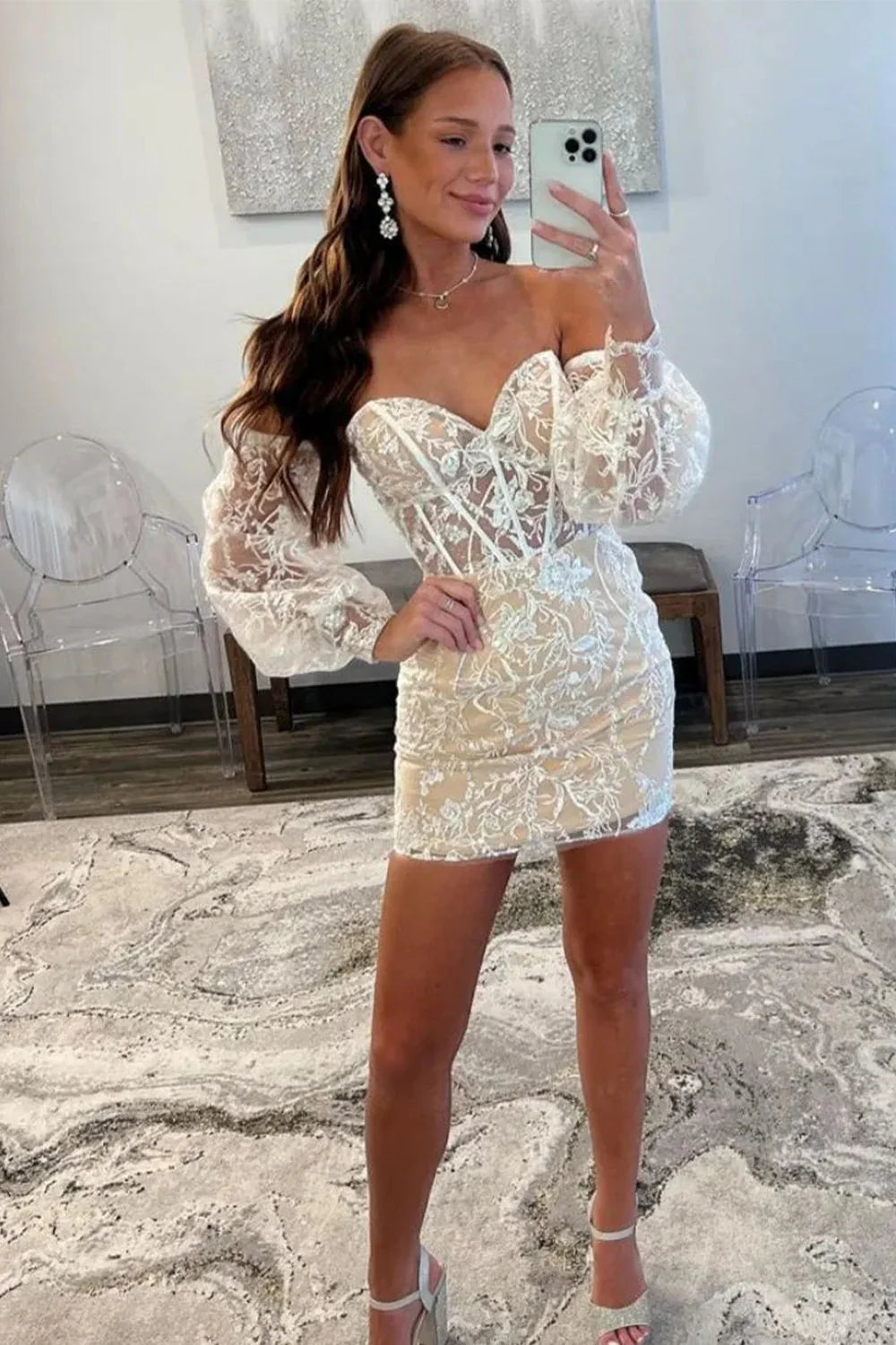 Fitted Lace Homecoming Dress With Sweetheart Neck And Detachable Sleeves AS502