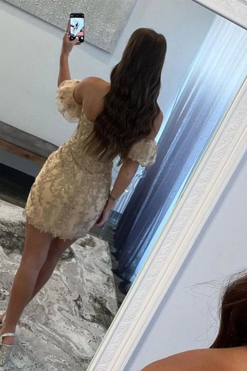 Champagne Strapless Homecoming Dress With Puff Sleeves And Appliques AS503