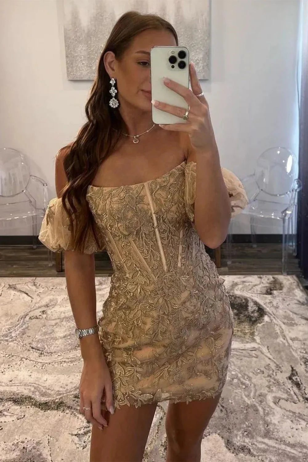 Champagne Strapless Homecoming Dress With Puff Sleeves And Appliques AS503