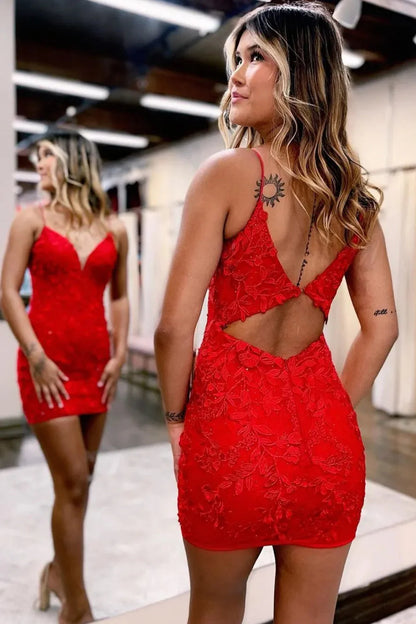 Red Lace Bodycon Homecoming Dress With Spaghetti Straps And Keyhole Back AS505