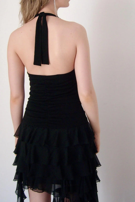 Chic Sheath Halter Neck Black Short Party Dress With Ruffles AS506
