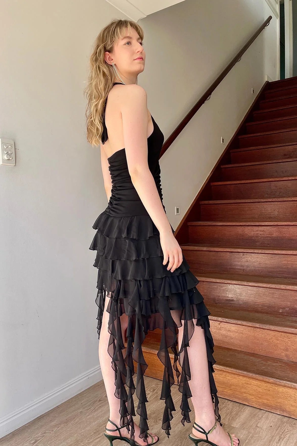 Chic Sheath Halter Neck Black Short Party Dress With Ruffles AS506