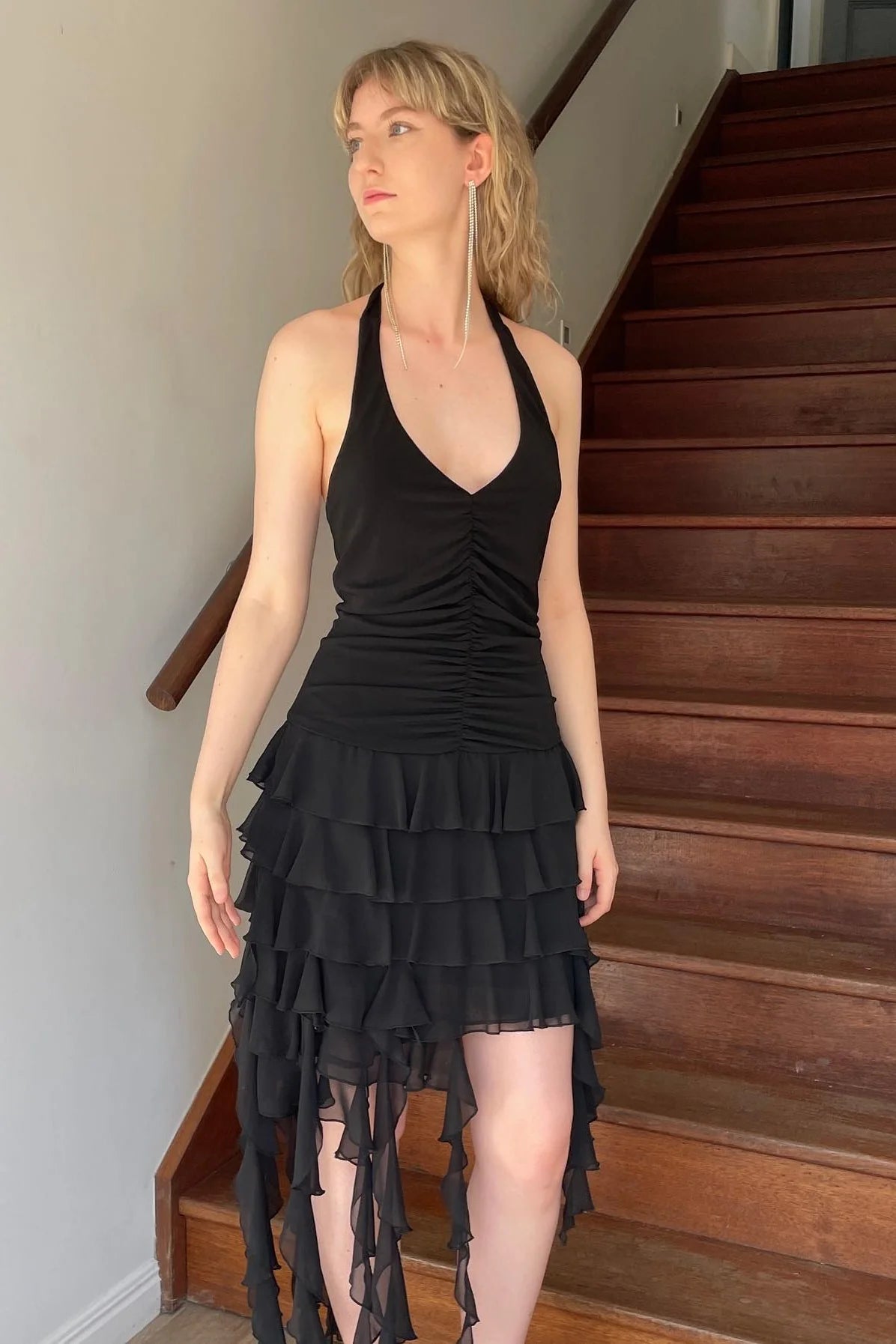 Chic Sheath Halter Neck Black Short Party Dress With Ruffles AS506