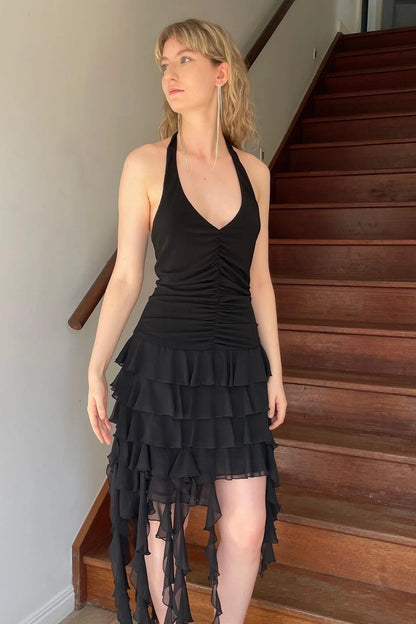 Chic Sheath Halter Neck Black Short Party Dress With Ruffles AS506