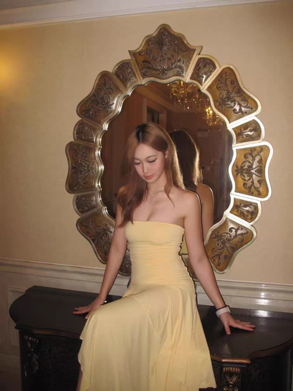 Strapless Yellow Satin Asymmetrical Layered Pleats Party Homecoming Dress AS507