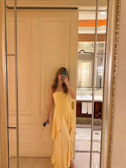 Strapless Yellow Satin Asymmetrical Layered Pleats Party Homecoming Dress AS507