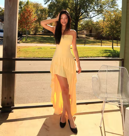 Strapless Yellow Satin Asymmetrical Layered Pleats Party Homecoming Dress AS507